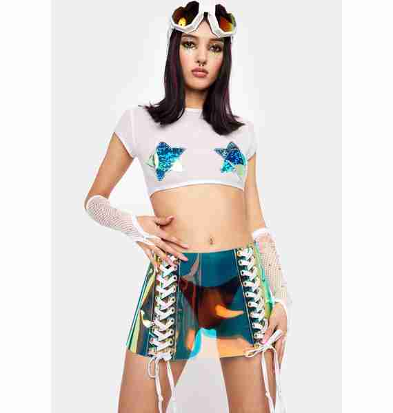 Lace Up Vinyl Skirt- Sea Holo