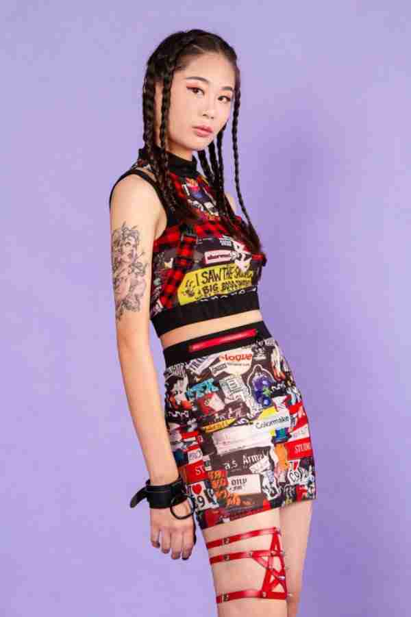 Punk Jigsaw Lattice Belt Mini Mesh Skirt