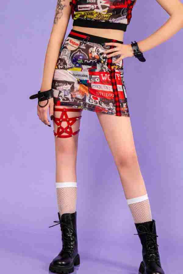 Punk Jigsaw Lattice Belt Mini Mesh Skirt
