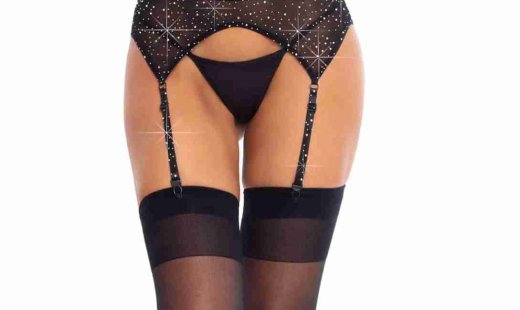 Black rhinestone garter belt with sparkling crystal accents and adjustable straps