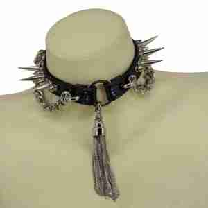 Tassel And Spike Choker With Cuban Side Chain Black