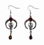 Crescent Moon And Bat Earrings With Red Gem