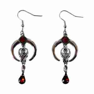Crescent Moon And Bat Earrings With Red Gem