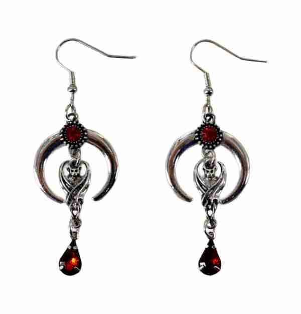 Crescent Moon And Bat Earrings With Red Gem