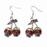 Silver Skull Cherry Dangle Earrings with Red Gem Eyes Gothic Jewelry