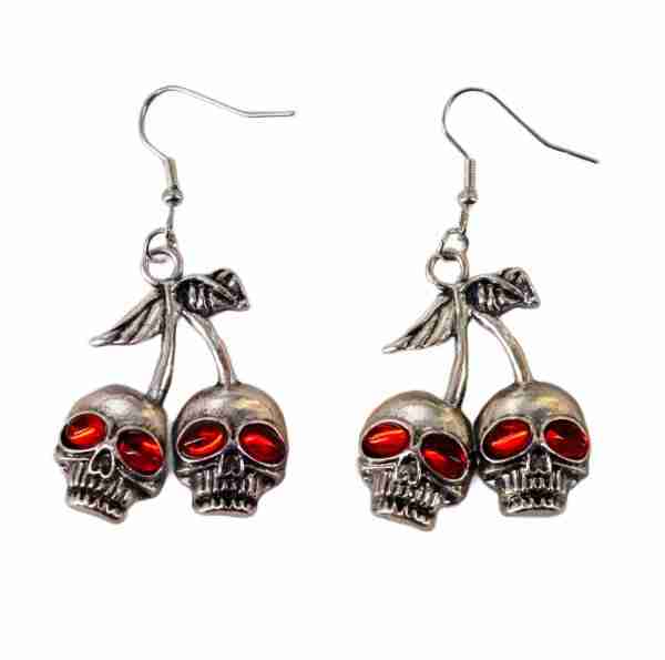 Silver Skull Cherry Dangle Earrings with Red Gem Eyes Gothic Jewelry