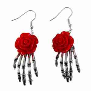 Skeleton Hand Earrings With Red Rose