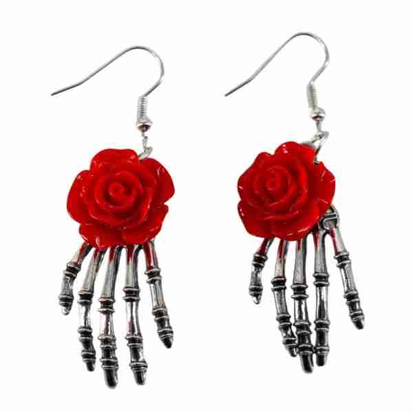 Skeleton Hand Earrings With Red Rose