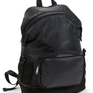 Black Cookies backpack with front zipper pocket and adjustable shoulder straps