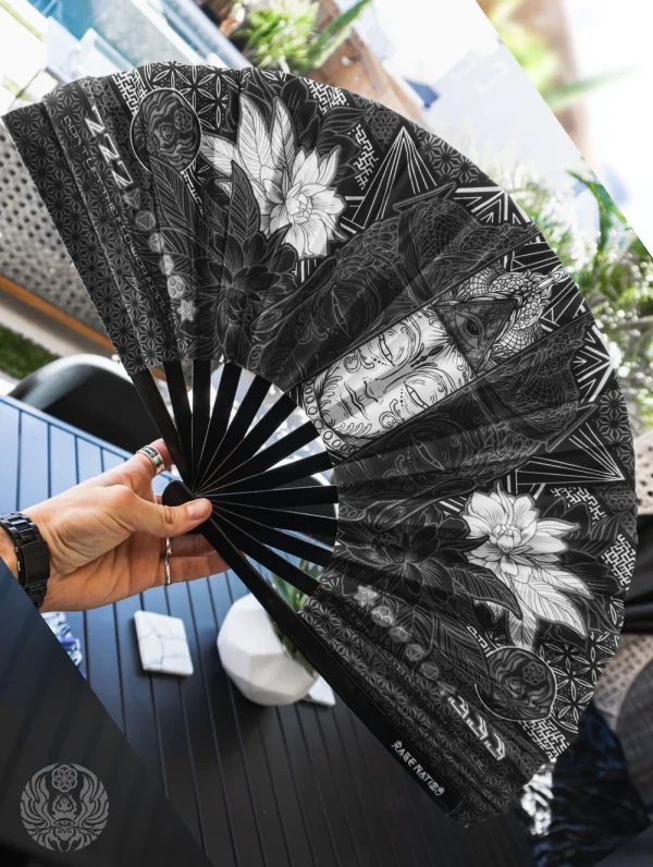 Wounds To Wisdom Silver UV Reactive Double Sided XL Bamboo Folding Fan w/ Carrier Bag