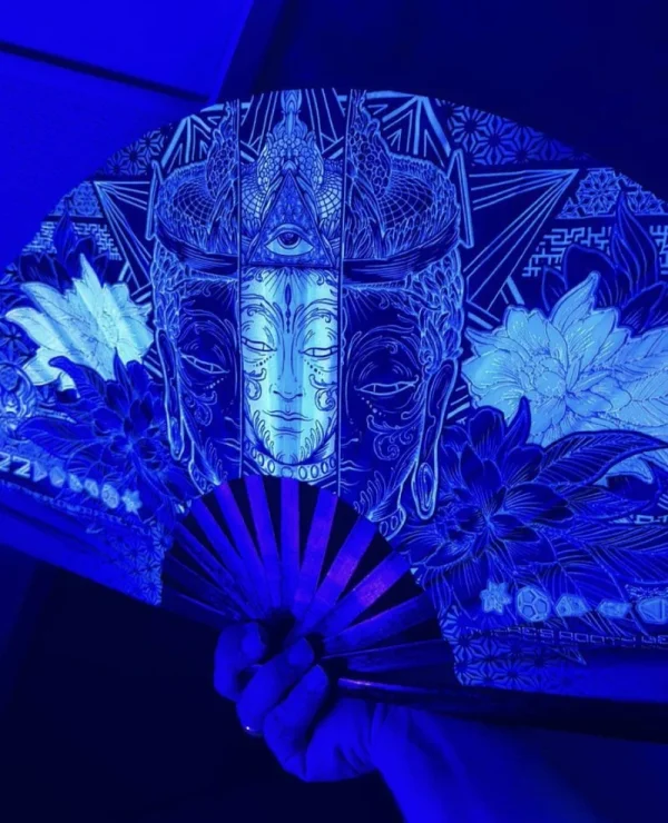 Wounds To Wisdom Silver UV Reactive Double Sided XL Bamboo Folding Fan w/ Carrier Bag