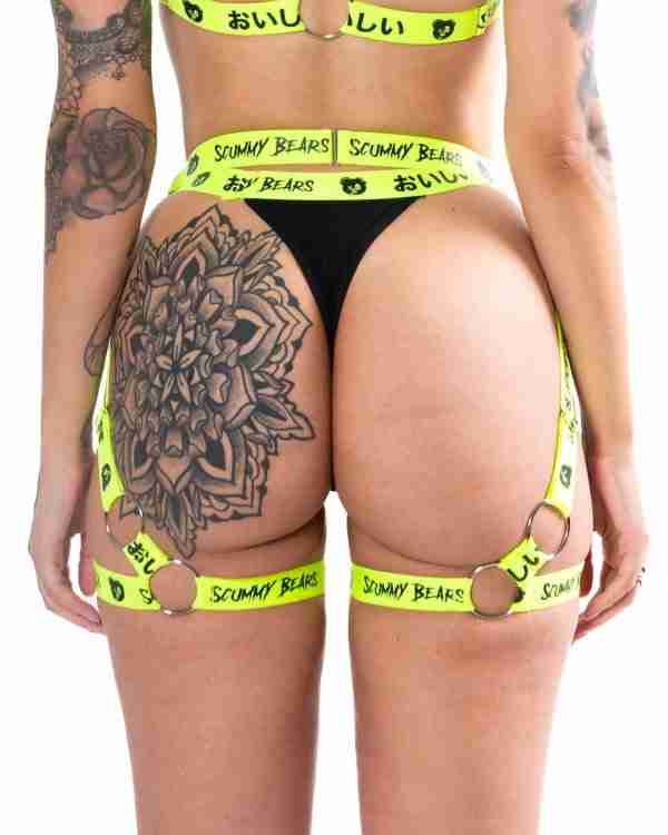 Oishi Kawaii Tech Thong Bottoms with Straps - Black/Neon Green