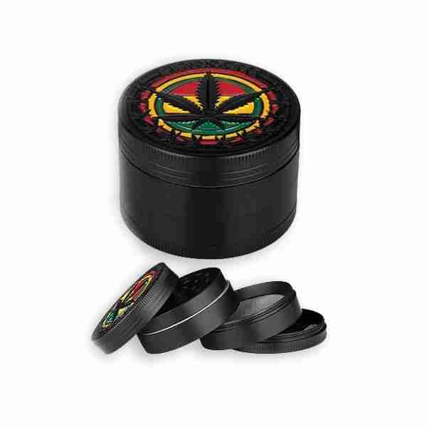 Black Rasta Leaf Herb Grinder 4pc Aluminum 50mm