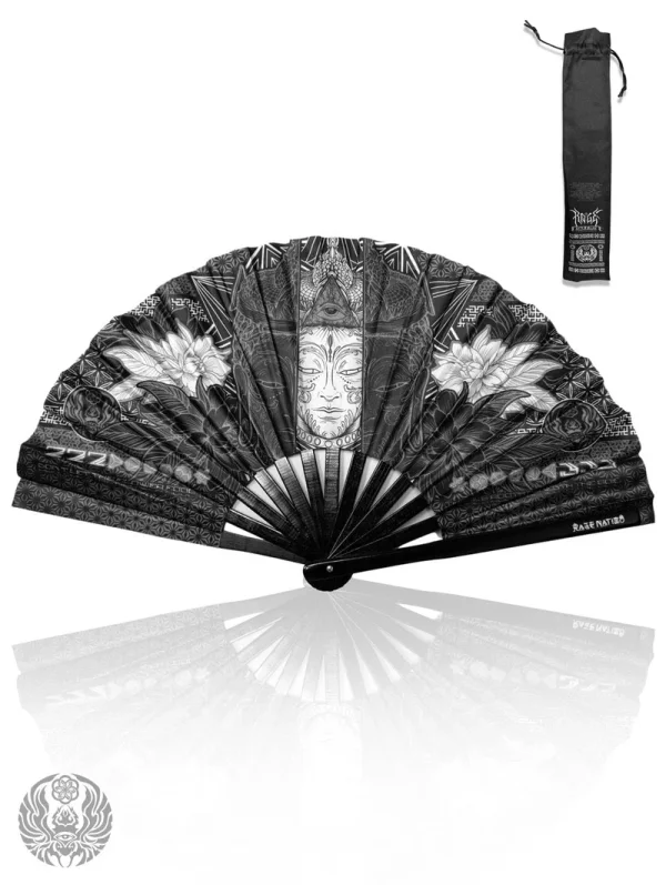 Wounds To Wisdom Silver UV Reactive Double Sided XL Bamboo Folding Fan w/ Carrier Bag