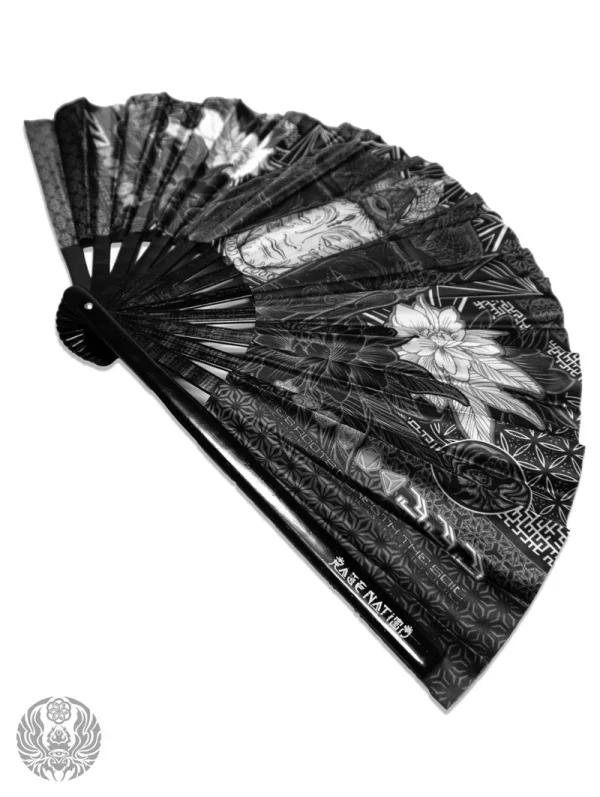 Wounds To Wisdom Silver UV Reactive Double Sided XL Bamboo Folding Fan w/ Carrier Bag