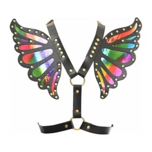 Black Faux Leather & Rainbow Holo Butterfly Wing Harness