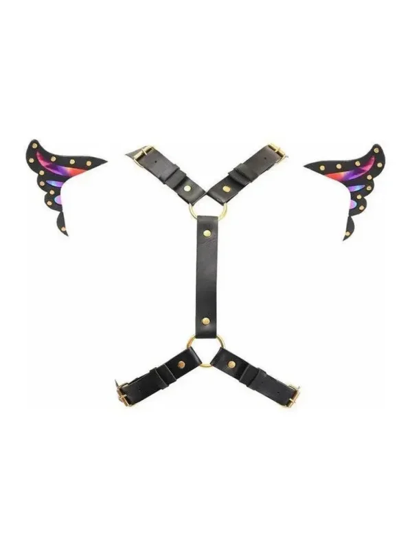 Black Faux Leather & Rainbow Holo Butterfly Wing Harness