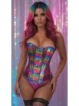 Top Drawer Rainbow Glitter Pvc & Black Fishnet Steel Boned Over Bust Corset