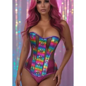 Top Drawer Rainbow Glitter Pvc & Black Fishnet Steel Boned Over Bust Corset