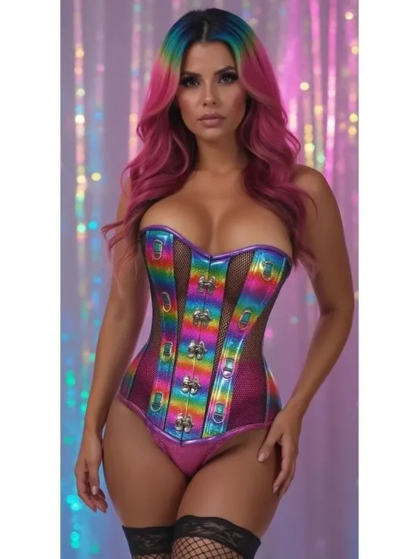 Top Drawer Rainbow Glitter Pvc & Black Fishnet Steel Boned Over Bust Corset