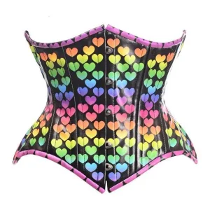 Top Drawer Rainbow Hearts Double Steel Boned Curvy Cut Underbust Cincher Corset