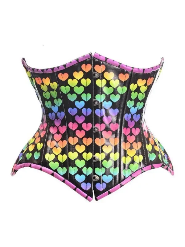 Top Drawer Rainbow Hearts Double Steel Boned Curvy Cut Underbust Cincher Corset