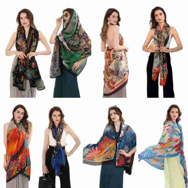 Elegant Floral Print Printed Oblong Silky Satin Scarf Shaw