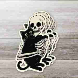 Skeleton Loving His Black Cat Sticker