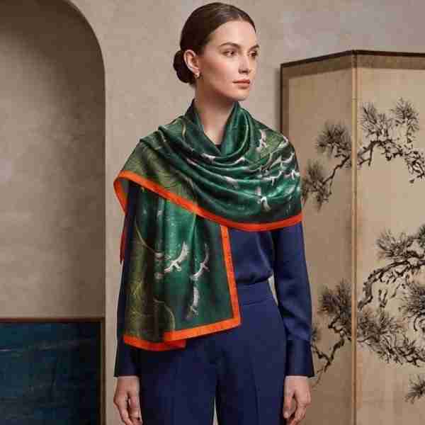 Silk Feel Crane Print Versatile Wrap Scarf