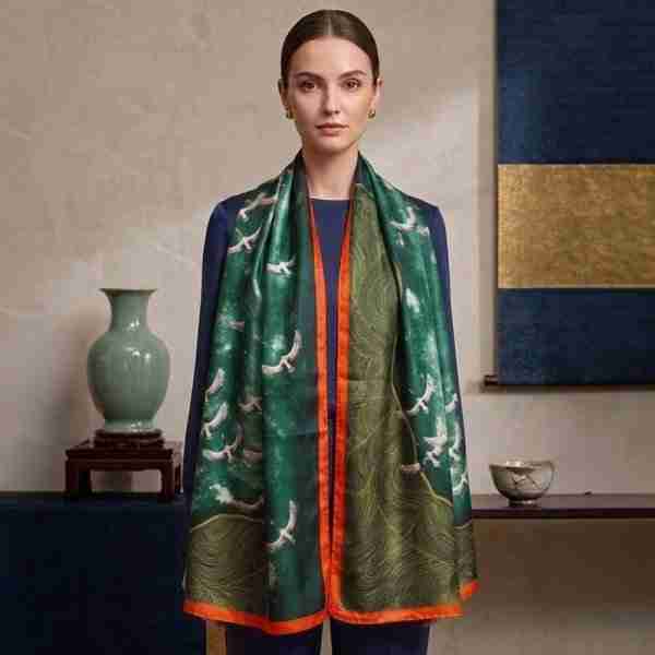 Silk Feel Crane Print Versatile Wrap Scarf