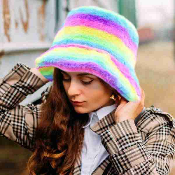 Rainbow Faux Fur Bucket Hat