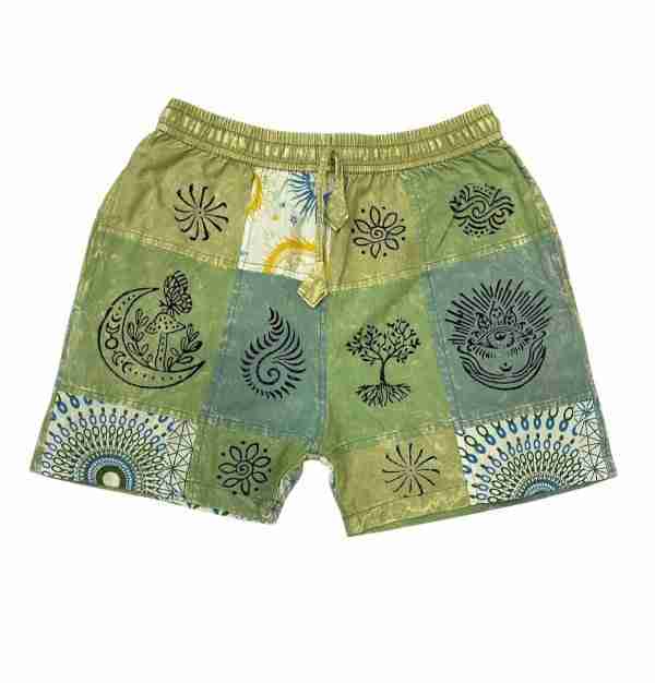 Cotton Multi Green Patchwork Block Print Short