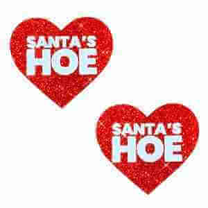 Santas Hoe Ravish Me Red Glitter Blacklight Heart UV Nipple Cover Pasties