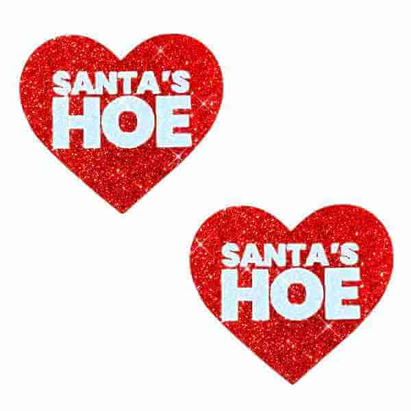 Santas Hoe Ravish Me Red Glitter Blacklight Heart UV Nipple Cover Pasties