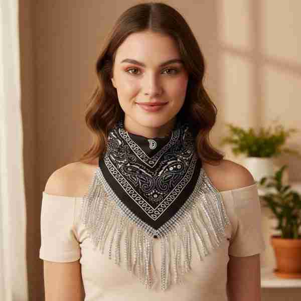 Rhinestone Like Fringe Cowgirl Bandana Scarf