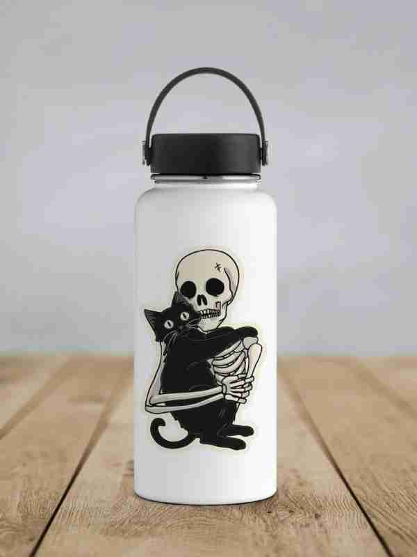 Skeleton Loving His Black Cat Sticker