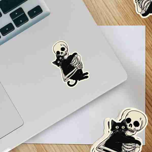 Skeleton Loving His Black Cat Sticker