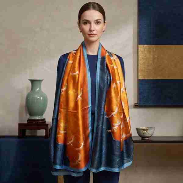 Silk Feel Crane Print Versatile Wrap Scarf