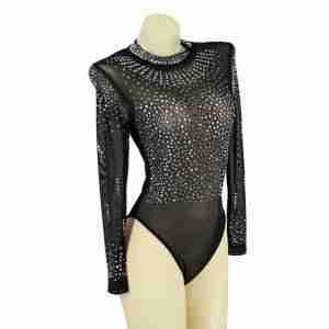 Black Mesh Long-Sleeve Rhinestone Bodysuit