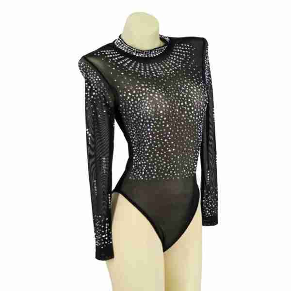 Black Mesh Long-Sleeve Rhinestone Bodysuit