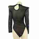 Black Mesh Long-Sleeve Rhinestone Bodysuit