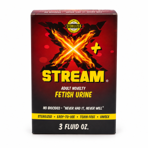 Front of X-Stream 3 oz synthetic urine kit box with red and black packaging and yellow lettering