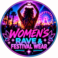 Women's Rave & Festival Wear circular image with neon festival lights, a woman, and a Ferris wheel